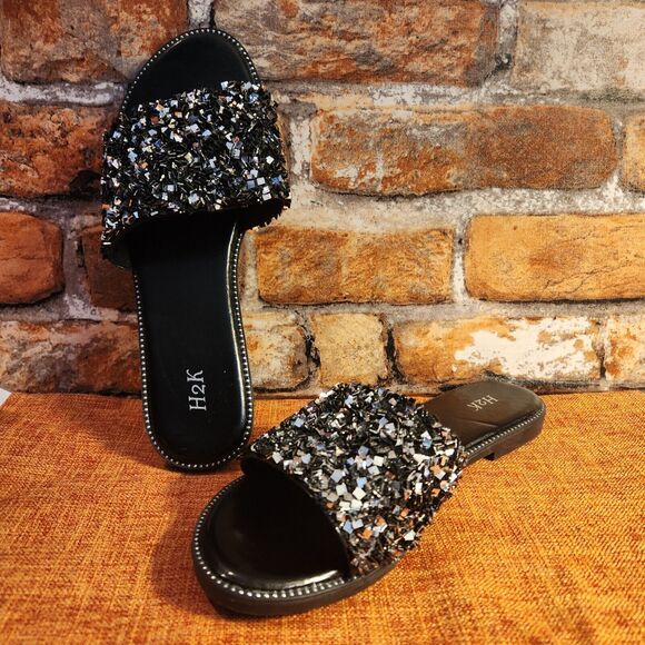H2K Shoes - H2K Womens Glitter Bling Fancy Slide Flat Low Wedge Sparkle Sandals Shoes Black
